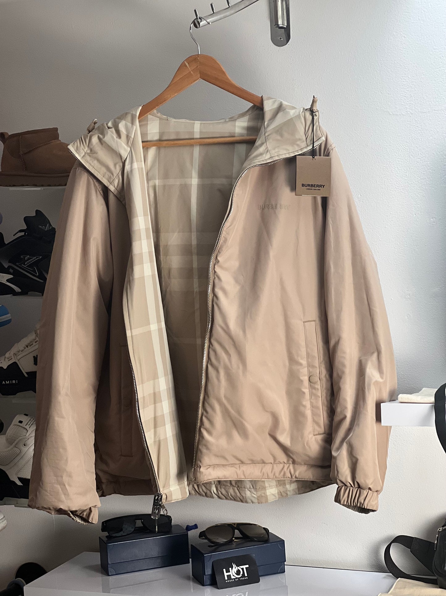 Burberry ‘Stanford’ Reversible Check Rear Logo Hooded Padded Jacket - Beige
