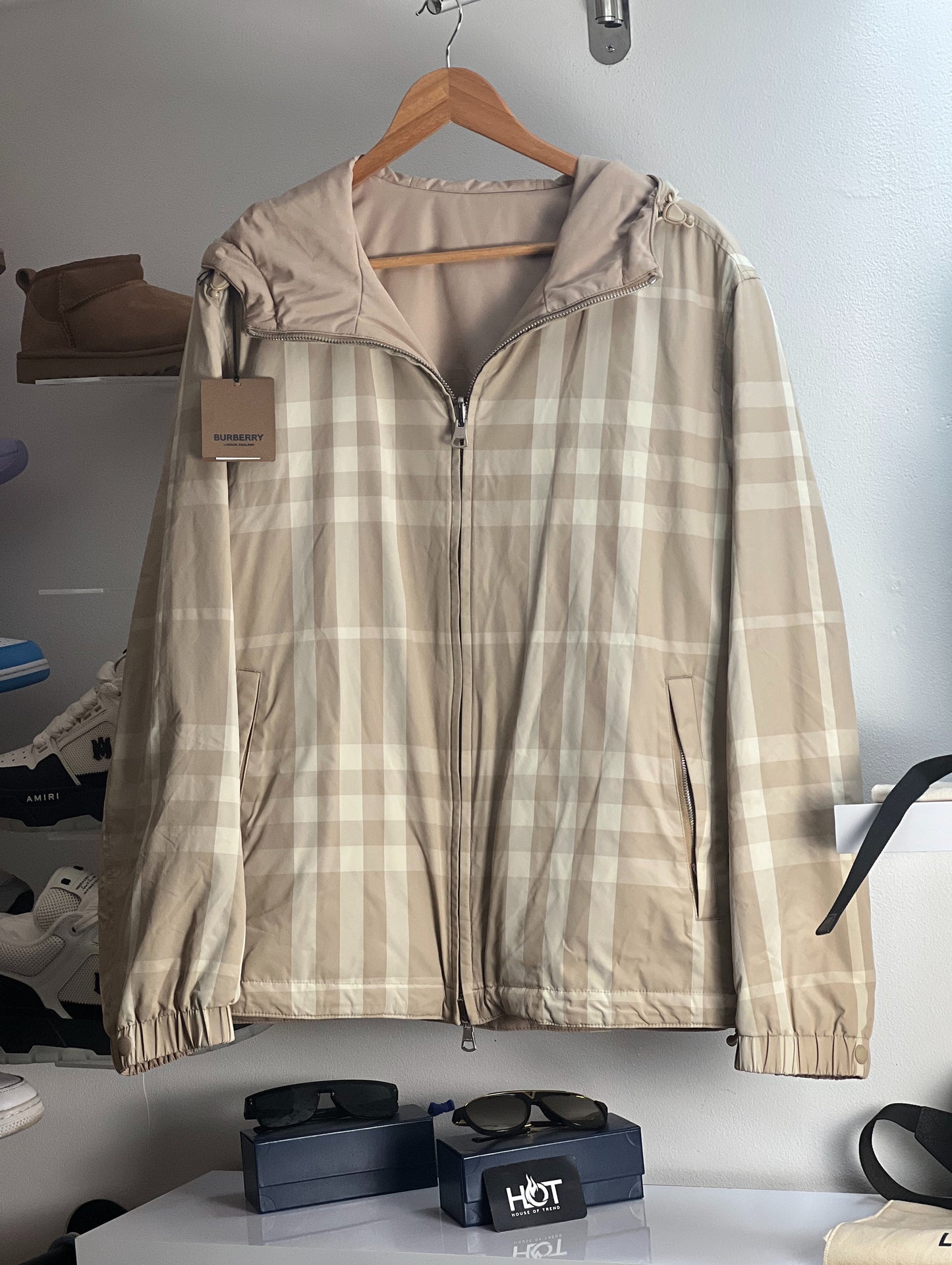 Burberry ‘Stanford’ Reversible Check Rear Logo Hooded Padded Jacket - Beige