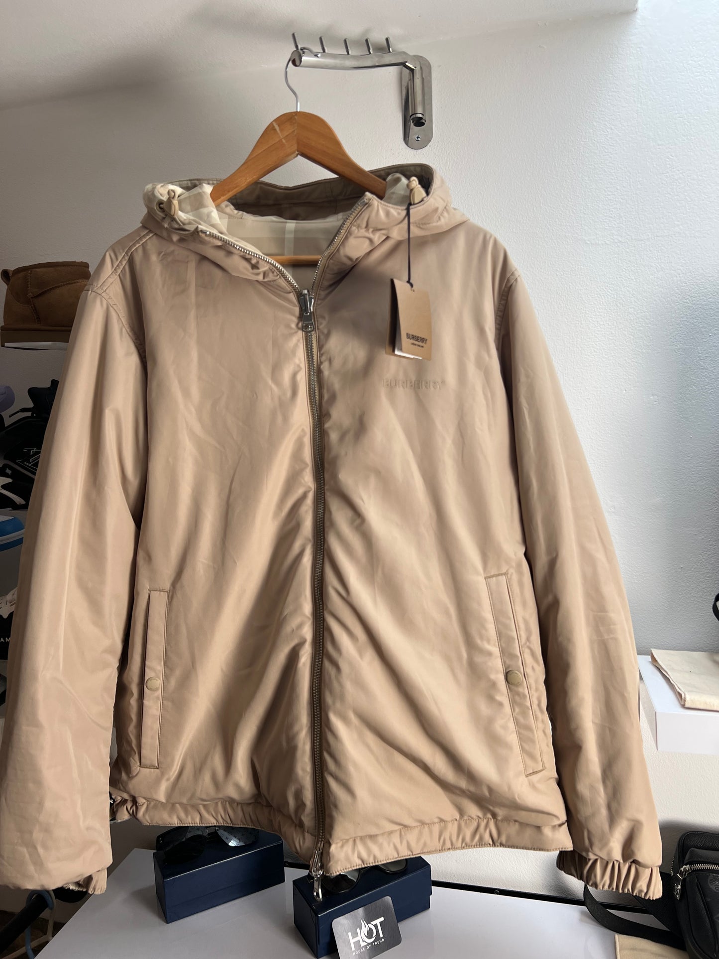 Burberry ‘Stanford’ Reversible Check Rear Logo Hooded Padded Jacket - Beige
