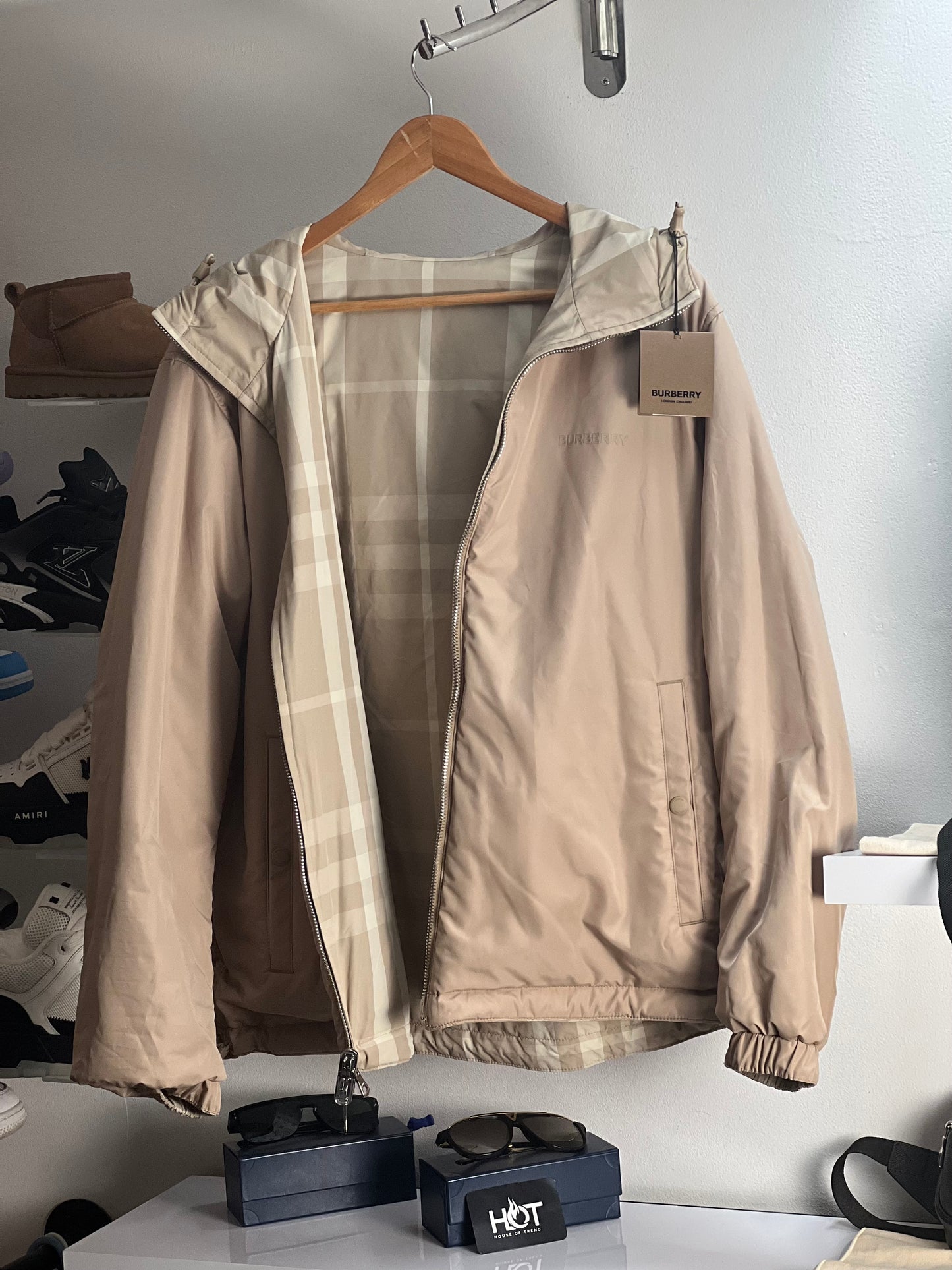 Burberry ‘Stanford’ Reversible Check Rear Logo Hooded Padded Jacket - Beige